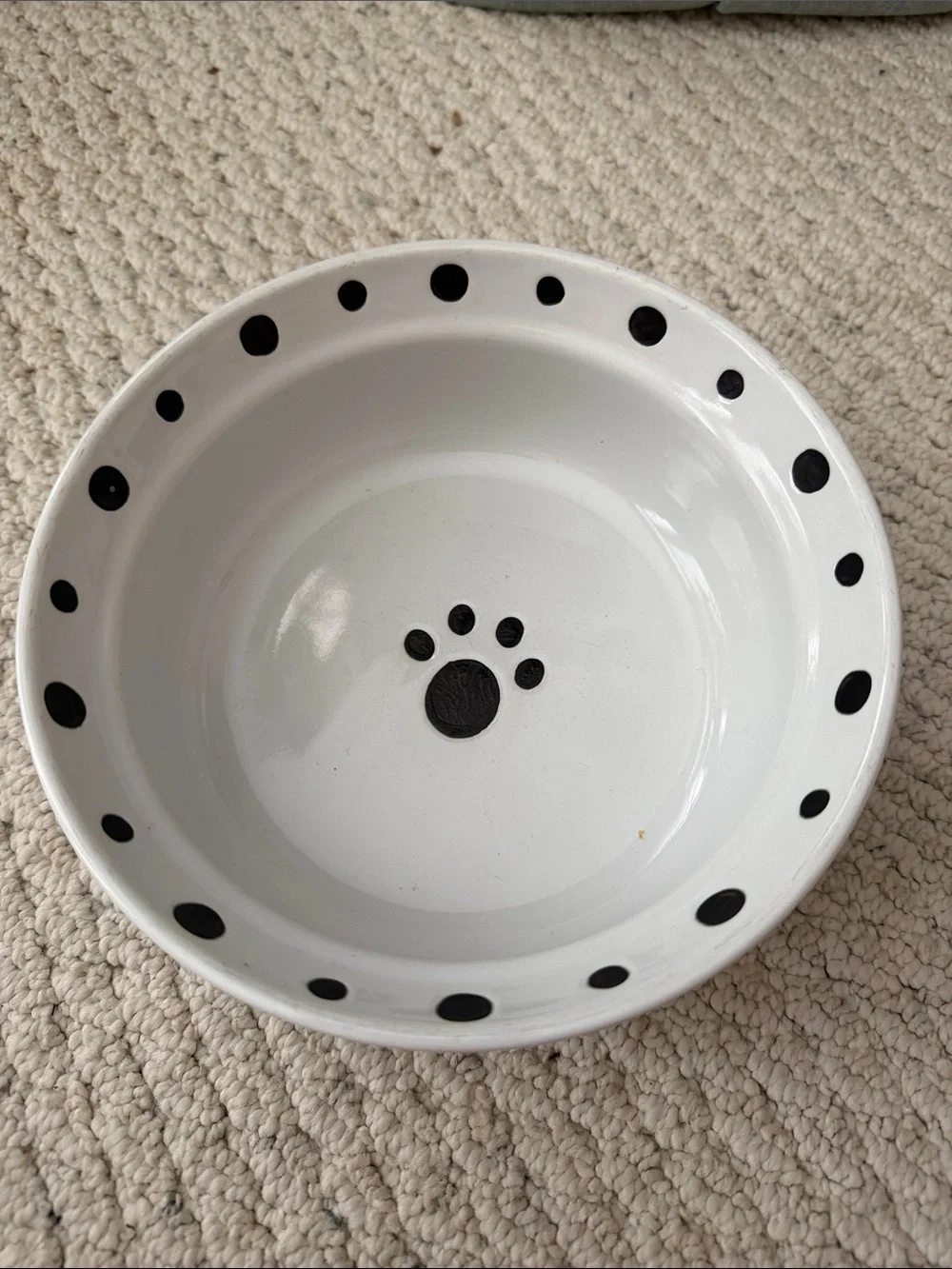 White Ceramic Dog Bowl with Black Polka Dots and Paw Print